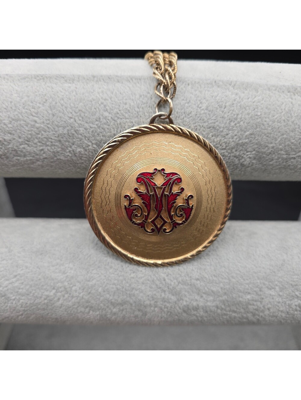 Vintage Oversized 3" Medallion Pendant Necklace Red Enamel Crest Gold Tone Long